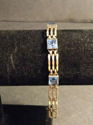 Vintage Simmons Bracelet Designer Signed Aqua Blue Stones Gold Tone