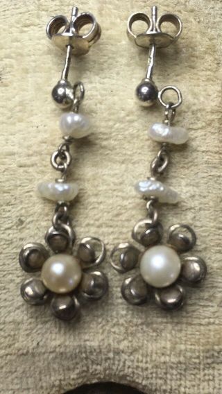 Vintage Antique? Sterling Silver & Pearl Stud Earrings Dangly Earrings
