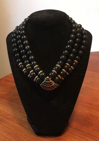 Vtg 1980’s Givenchy Paris York Black,  Gold Tone Triple Bead Strand Necklace