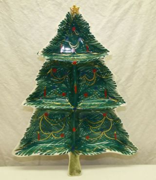 Vintage Italy Ceramic Xmas Tree Divided Tray Snack Appetizer Dish Hand Painted