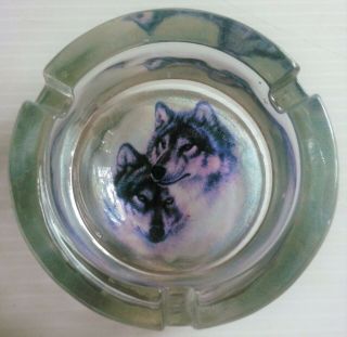 Vintage 3 1/4 " Thick Clear Glass Ashtray With Wolf Graphics -