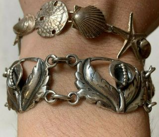 Vintage Sterling Silver 925 Flower Floral Orchid Shell Retro Link Bracelet Chain