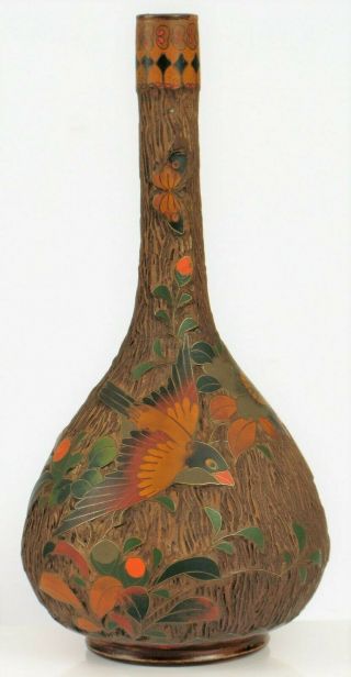 Antique Japanese Meiji Period Totai Shippo Cloisonne On Ceramic Bird Flower Vase