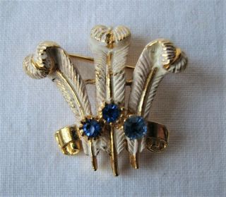 Vintage Prince Of Wales Feathers Brooch Pin White Blue Rhinestones Brooch