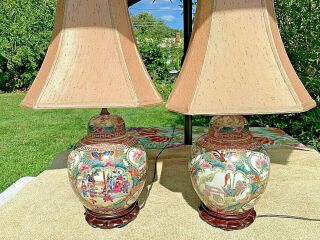 Pair Chinese Rose Medallion Porcelain Table Lamps,  Magnificent 25 " T - Pristine