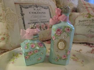 Shabby Chic Hand Painted Roses - Set Of Two Jeweled Vintage Bottles