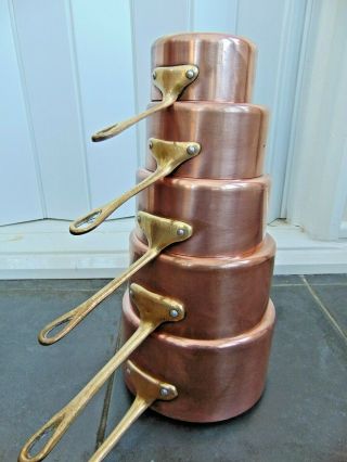 Set 5 Vintage French Copper Saucepans - Lined - Bronze Handles