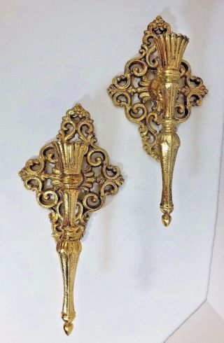 2 Vintage Rococo Metal Gold Tone Wall Candle Holders Sconces