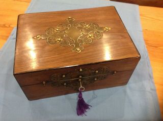 Antique Victorian Walnut Jewellery/sewing Box With Brass Mounts 1800s