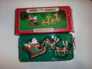 Vintage Hallmark Santa And His Reindeer Keepsake Ornament 1986