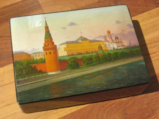 Antique Large Russian Lacquer Box Fedoskino Box 10 " X 7 " Moscow Kremlin Ussr