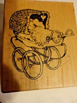 Vintage 1998 Baby Stroller / Carriage Wood Mounted Rubber Stamp Santa Rosa CA 2