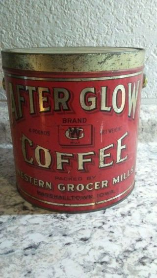 Vintage After Glow Coffee 4 Pound Tin Western Grocer Mills Marshalltown Iowa