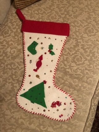 Vintage Felt Holiday Christmas Stocking - Tree,  Santa Design