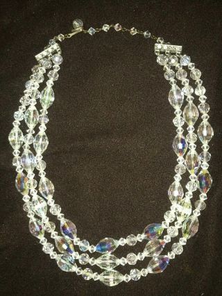 3 Strand Aurora Borealis Crystal Bead Necklace Vtg Estate Jewelry Retro 16.  5 "