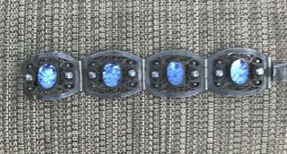 Vtg Jb Sterling Silver Blue Art Glass Mayan Face Bracelet Hinged Filigree