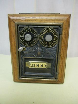 Great Vintage Oak Post Office Lock Box Bank Double Dial W/ Eagle