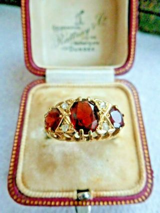 Gorgeous Antique 9ct Gold & Triple Garnets And Diamond Ring Size T