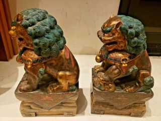Antique Vtg Chinese Gilt Lacquered Wood Foo Dog Lions