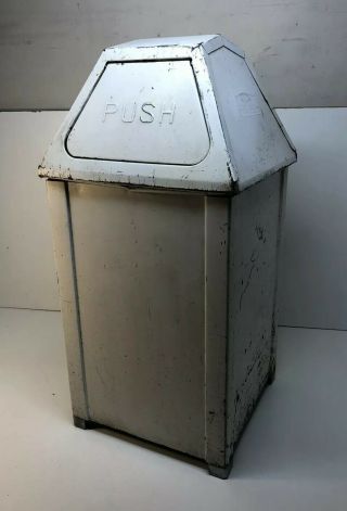 Vintage United Metal Trash Can Flip Top Push Doors Industrial W/removable Can