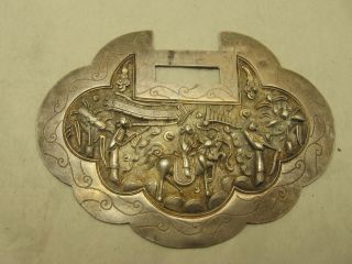 Antique Chinese Silver Lock Shaped Pendant With Woman And Child Riding A Horse