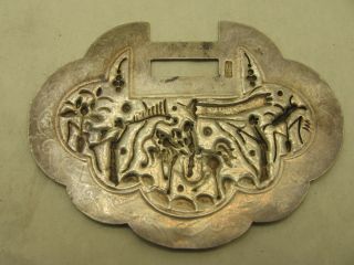 Antique Chinese Silver Lock Shaped Pendant with Woman and Child Riding a Horse 3