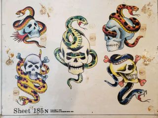 Vintage 78 S&r Huck Rogers Production Tattoo Flash Biker Skull Snake Crossbones