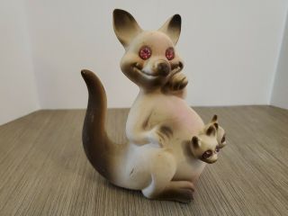 Vintage Roselane Usa Mama Kangaroo W Babies Rhinestone Eyes Pottery Figurine