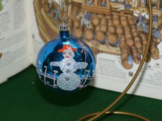 Vintage Mercury Blue Glass Silver Glitter Snowman Christmas Ornament Poland