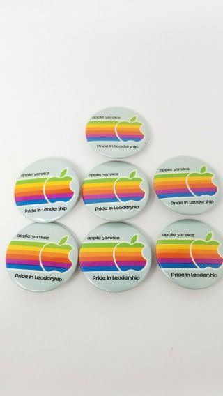 Vintage 80s Apple Computers Rainbow Button Pin Blue Service Pride In Leadership