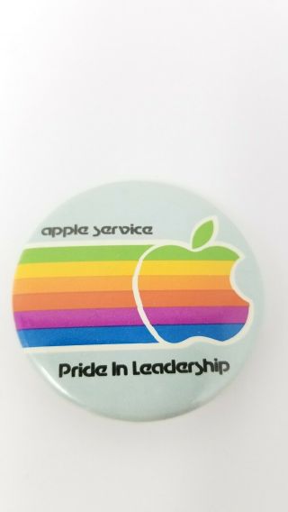 Vintage 80s Apple Computers Rainbow Button Pin Blue Service Pride In Leadership 2