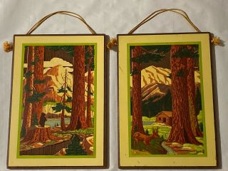 2 Vintage Hand Carved Made Of California Redwood Plaque - Deer & Bear 15 1/2”x 11