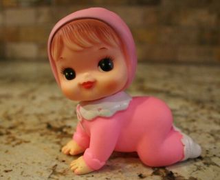 Vtg 1971 Iwai Industrial Co Crawling Baby Girl Soft Rubber Pink Squeak Toy - Korea