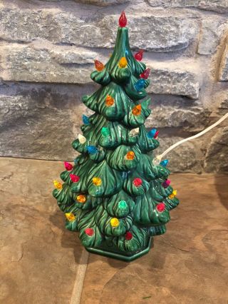 Vintage Ceramic Christmas Tree 10 " Tall Green Lights Up
