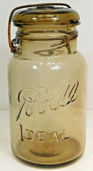 Vintage Lite Amber Quart Fruit Jar - Ball Ideal W/ Glass Lid