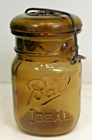 Vintage Lite Amber Pint Fruit Jar - Ball Ideal W/ Glass Lid