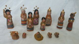 Vintage Handmade Painted 13 Piece Clay Russian Christmas Nativity Set Figurines