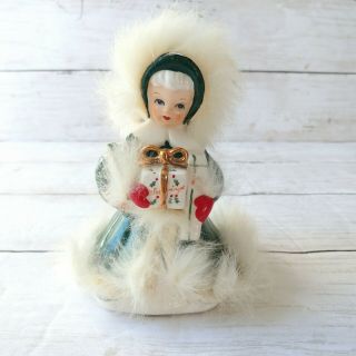 Vintage Napco Christmas Shopper Angel Girl 5 " Figurine With Fur Green Ax4640