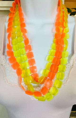 Vintage Space Age 60s Pop Art Neon Orange & Yellow Square Flat Beads Necklace