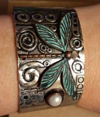 Vintage Copper Dragonfly Silver Tone Cuff Bracelet Size Average