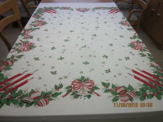 Vintage Cotton Blend Tablecloth Candles Ornaments Bells 69 X 59