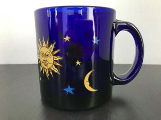 Vintage Celestial Sun Moon Star Libbey Cobalt Blue Glass Mug Cup Made In Usa