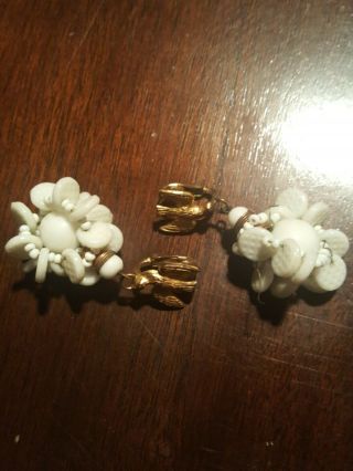 Vintage Signed Miriam Haskell Hand Wired Milk Glass Beaded Clip Earrings