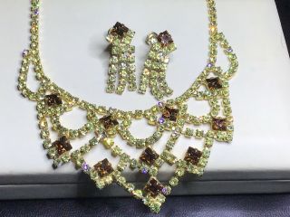 Vintage Rhinestone Necklace Earring Set Peridot Green Dark Amber Swag Unsigned