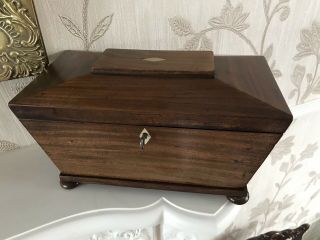 Antique Old Treen Mahogany Inlaid Tea Caddy Box With Key Bun Legs