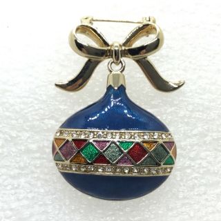 Signed Monet Vintage Christmas Ball Ornament Brooch Pin Blue Enamel Rhinestone