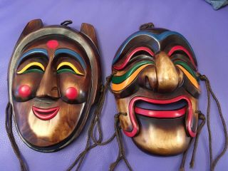 Pair Exquisite Japanese Wooden Masks For Wall Hanging 25 X 16cms