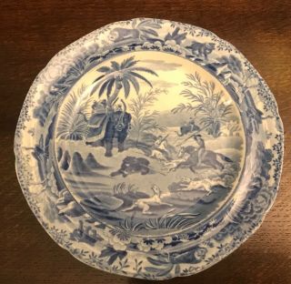 Antique Pottery Pearlware Blue Transfer Spode Plate C1815 Indian Sporting Series