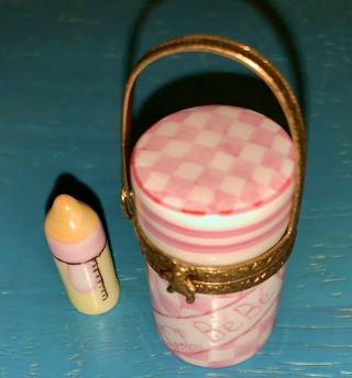 Vintage French Limoges Hand Painted Peint Main Trinket Box Pink With Baby Bottle