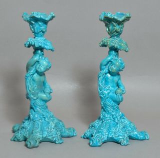 An Uncommon Pair Antique 19thc Wedgwood Majolica Candlesticks